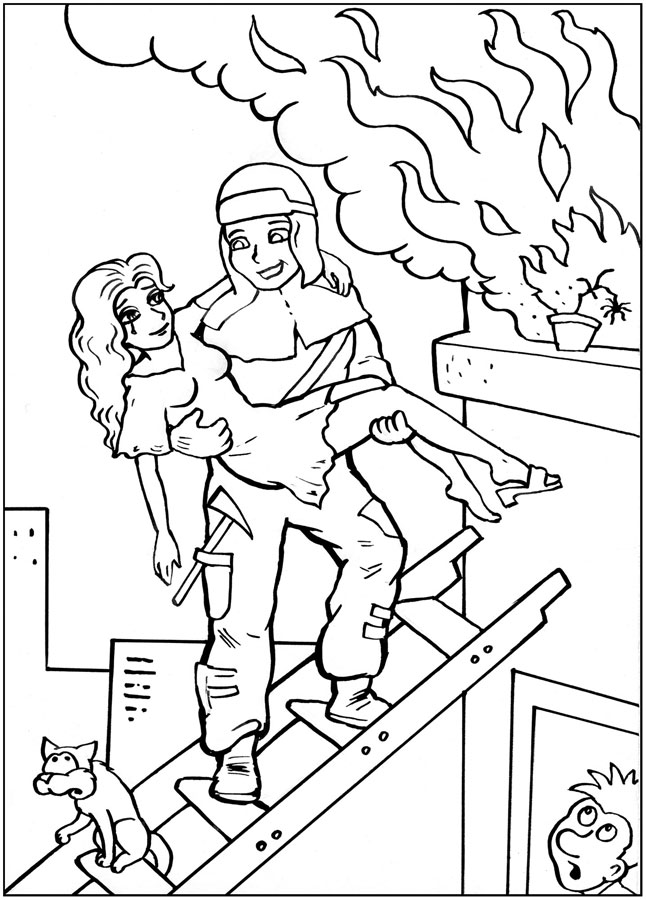 Раскраска профессия пожарный со шлангом для детей распечатать
