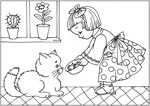 Флеш-раскраска Дети и животные - Девочка кормит котенка